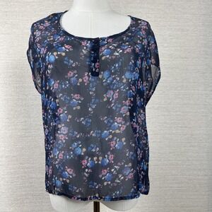 SO XL Sheer Floral Blouse Navy Chiffon Boho Popover Top Romantic Cottagecore